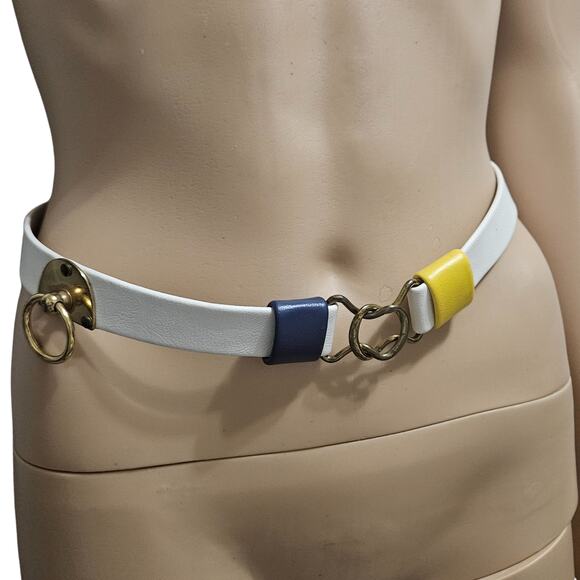 70s White Vinyl Cinching Belt Blue Yellow Accent Gold Side Ring Military Buckles main image 6